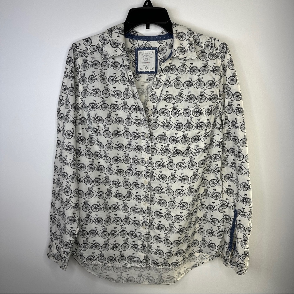 Style & Co Women’s Button Up Shirt, Size Medium Cute Bicycle Print